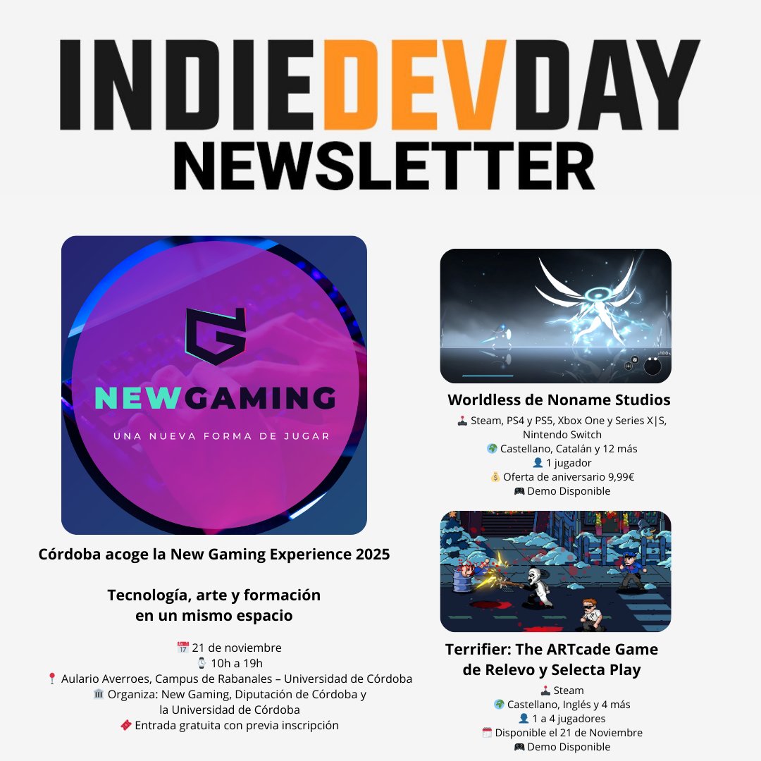 IndieDevDay's tweet photo. 📰 Newsletter 86 📰

1️⃣ @Newgaming_es 🔥
2️⃣ Worldless de @nonamestudiobcn ☄️🎮
3️⃣ @TerrifierGame de @REL3VO y @SelectaPlay 🤡🎮

Suscríbete en 🔗 https://t.co/MTpOwGb1Rv https://t.co/aP0APglkEE