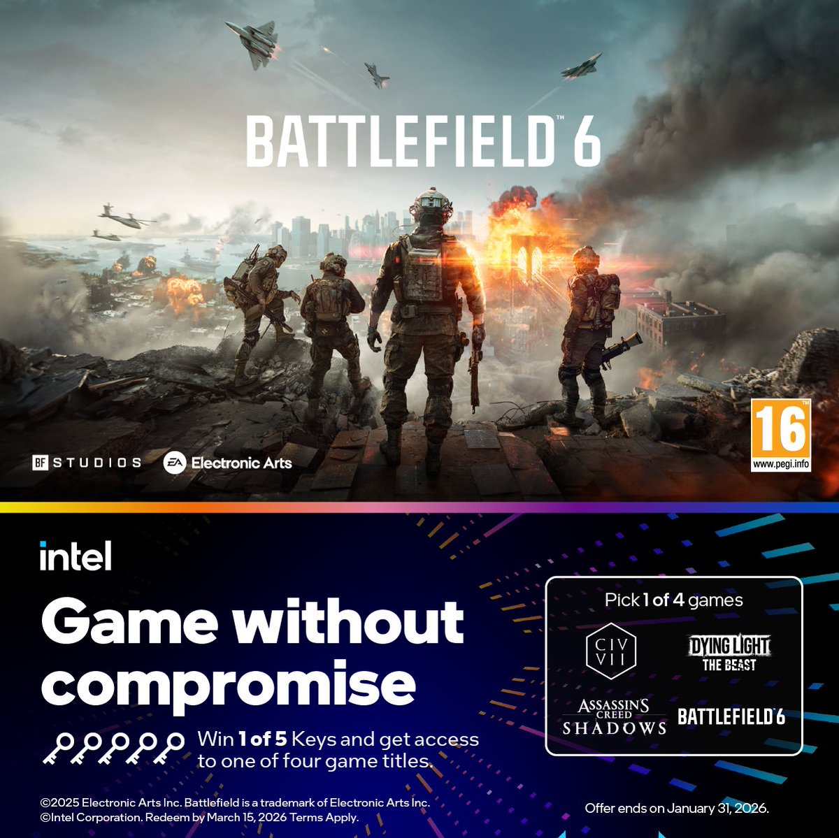 PCSpecialist's tweet image. It&apos;s Giveaway Time! 🥳

Thanks to @IntelGaming, we have 5 game keys up for grabs. These keys let you choose one of four titles including: Battlefield 6, Dying Light: The Beast, Assassin&apos;s Creed: Shadows or Civilization VII! 

To enter:
❤️ Like this post
🔄 Share/ Re-post
👥 Tag a…