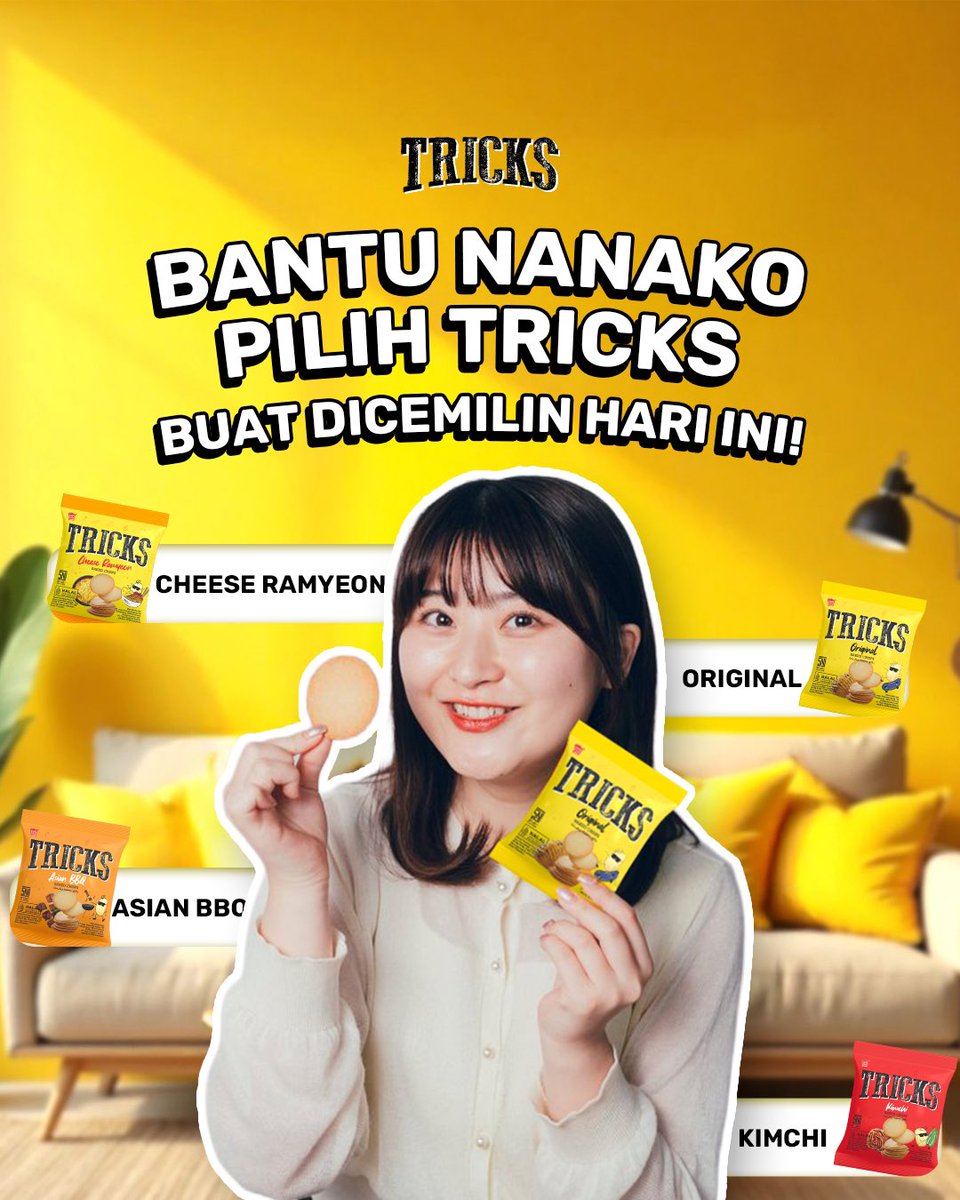 Misi baru dimulai 📢

Ayo bantu Nanako pilih varian Tricks yang harus dimakan hari ini! 

Tulis di reply atau QRT yaaa 💬

#TricksCrisps #SnackTricks
#TricksTiapSuasana