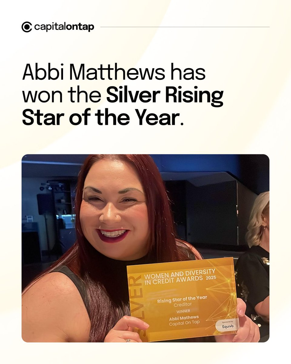 A massive congratulations to Abbi Matthews on winning Silver Rising Star at The Women and Diversity in Credit Awards! A fantastic achievement that showcases her dedication to our customers. ⭐
#CapitalonTap #WADICRA #RisingStar 
(Capital on Tap UK)