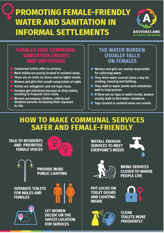 We support the #WomenShutdown and the call for an end to gender-based violence. We advocate for female-friendly water and sanitation in informal settlements. Here is a helpful guide on how to make communal services safer and more hygienic. #women #womenempowerment