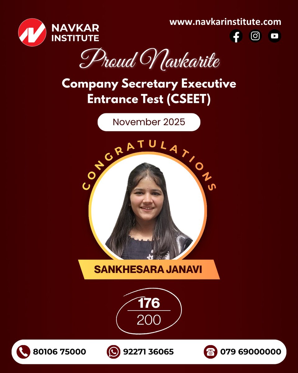 navkarinstitute's tweet image. Shining with dedication and discipline! 🌟
Congratulations Sankhesara Janavi on your outstanding CSEET score - truly a proud Navkarite moment! 🎉

#navkarinstitute #sankhesarajanavi #cseet #cseetresult #studentsuccess #navkarites #companysecretary #proudmoment #futurecs
