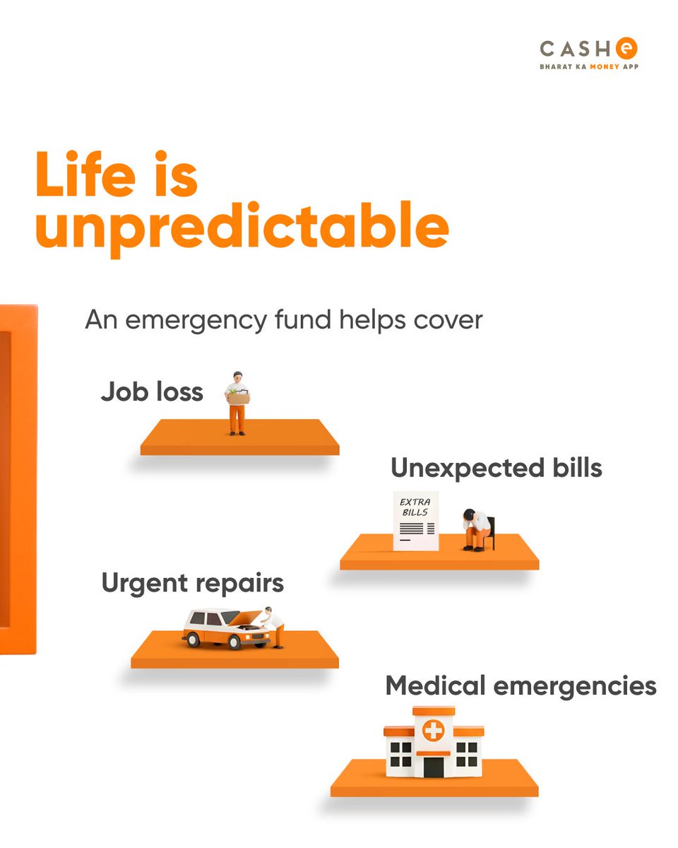 CASHeApp's tweet image. Adulting rule #47:
Always have an emergency fund.

Because tyres burst, phones fall, AC chooses violence, and your boss might too.

And if life strikes before your savings do, CASHe is the backup for your backup.

#Emergencyfund #CASHe #Financebasics #Adulting101
