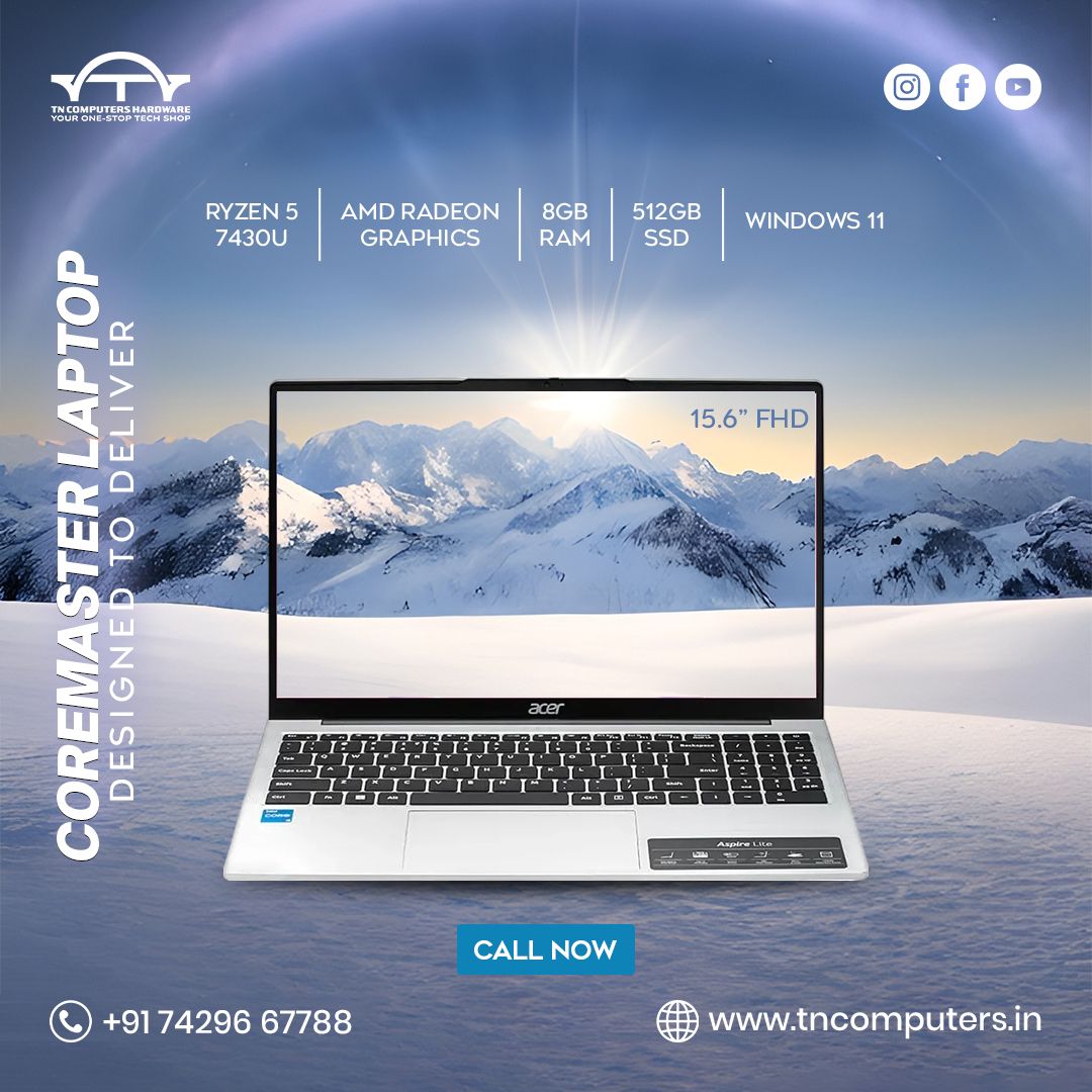 Tncomputerstech's tweet image. ❄️ Acer CoreMaster Laptop
🔥 Ryzen 5 7430U
💾 8GB RAM | 512GB SSD
🖥️ 15.6” FHD
💙 Windows 11
Smooth, fast &amp;amp; stylish!
📞 +91 74296 67788
#AcerLaptop #Ryzen5 #TNComputers #LaptopDeals