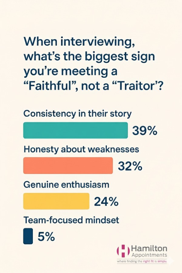 The results are in! 👀
Your top sign of a “Faithful” in an interview? Consistency (39%).
Followed by honesty (32%) and genuine enthusiasm (24%).
Hiring or growing your team? I place the true Faithfuls — and donate to your chosen charity. 💙 paiger.link/723916047