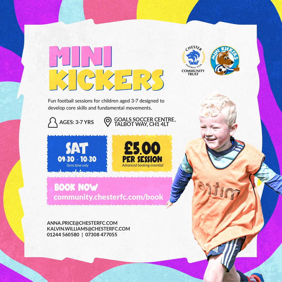 CFC_CommTrust's tweet image. Chester FC Mini Kickers offers fun football for children aged 3-7 and we have spaces for new starters!

⚽ Perfect introduction to the game
🏟️ Every Saturday morning during term time
🎫 No need to block book - just pay as you go!

📱 Send us a message for more details or click…