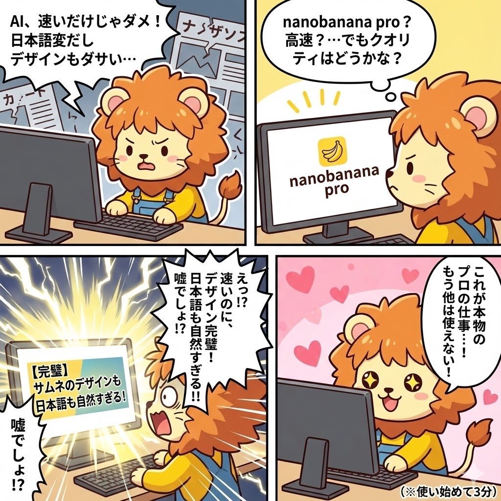 ozu_ai25's tweet image. おぉ！ついにNano banana Proがキタ！！？
……らしいけど、正直僕はNano bananaすら今日まで触ったことなかったです🙈💦

でもXで盛り上がってたから試しに触ってみたら、これ想像以上にすごい…
適当にプロンプト打っただけで、ちょっとした漫画まで作れました🍌