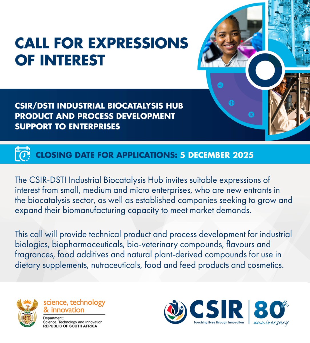 CSIR's tweet image. Call for Expression of Interest #EoI for Product and process development support to enterprises.
Closing date for application: 5 December 2025
Link for more information:
CallforExpressionsofInterest_ Productandprocessdevelopmentsupporttoenterprises.pdf
