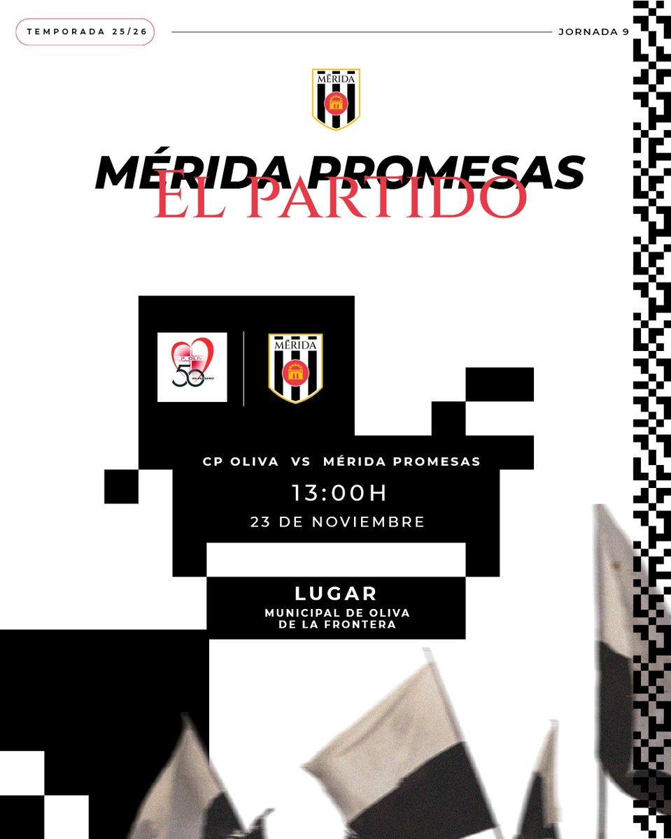 ⚪️⚫️ 𝐄𝐋 𝐏𝐀𝐑𝐓𝐈𝐃𝐎 | #MéridaPromesas

🆚 <a href="/CPOLIVA/">C.P. OLIVA</a> 
⏰ 13:00h
📅 Domingo, 23 de noviembre
🏟️ Municipal de Oliva de la Frontera

🙌🏼 ¡Vamos, equipo! ⚽️