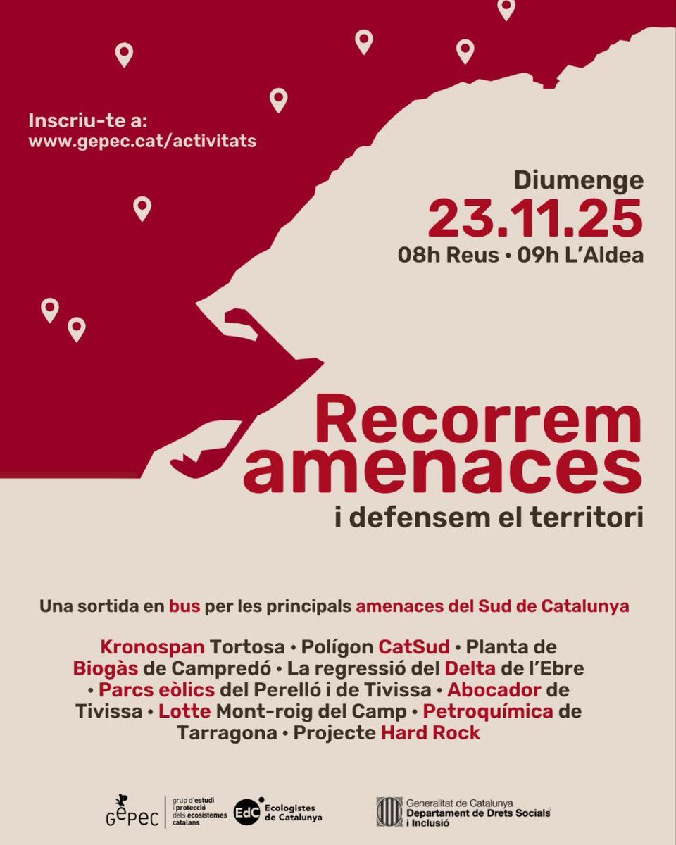 🚌 El GEPEC-EdC et porta a recórrer les amenaces del territori.
El sud de Catalunya s’ha convertit en una zona de sacrifici amb macroprojectes, centrals i indústries que amenacen medi ambient i salut.
📅 23/11
🚌 Sortida gratuïta amb inscripció: gepec.cat/esdeveniments/…