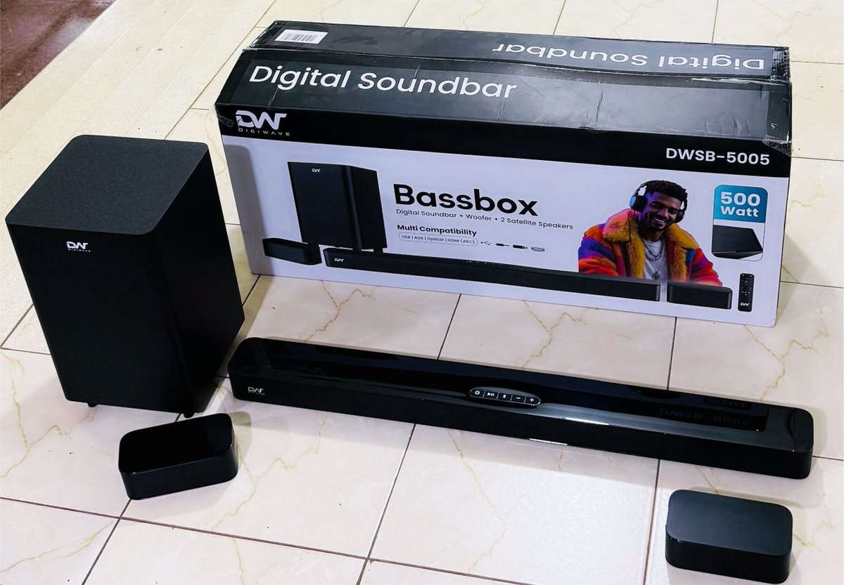 Digiwave 500Watts 5.1ch soundbar, available at UGX 550,000/=

2 satellite speakers 
HDMI ARC
Optical ports
Clear sound

📍Kooki Towers 
🚚 Same Day Delivery 
📲 0759679038
#AuthenticGadgets