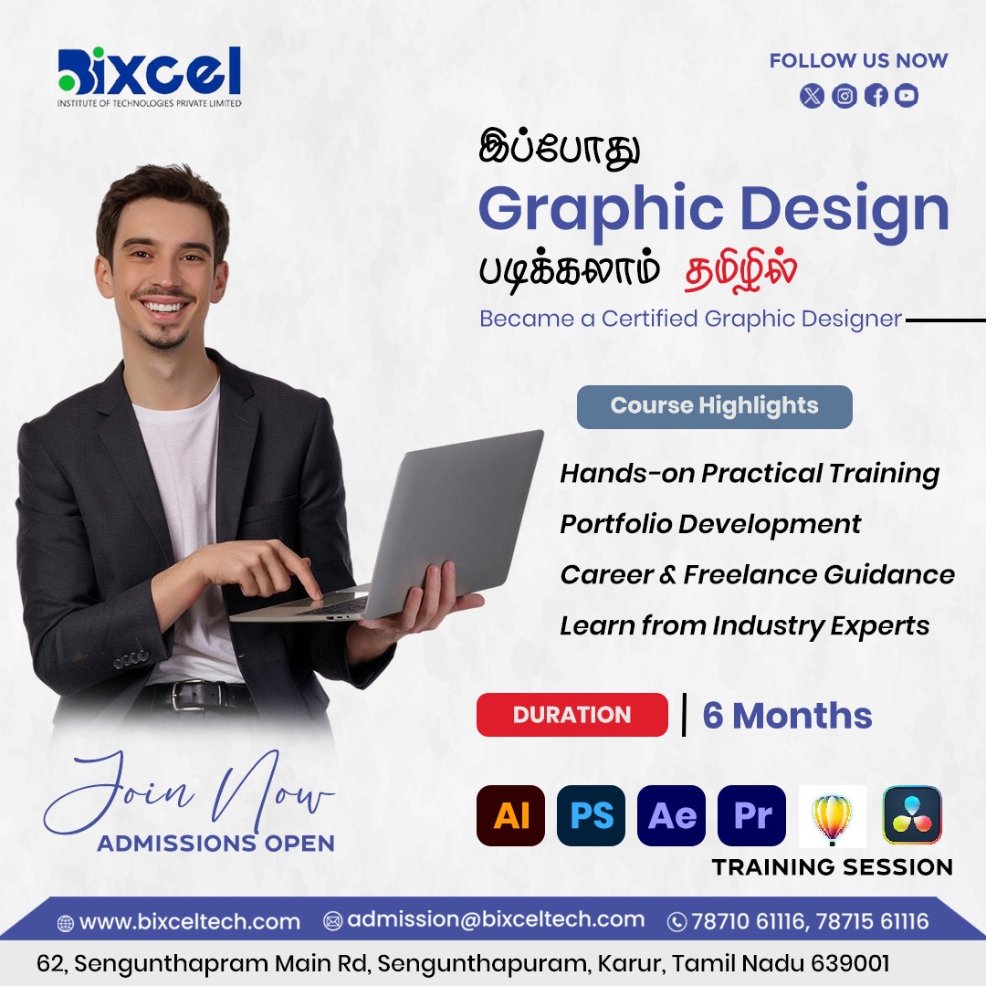 bixceltech's tweet image. Become a certified Graphic Designer with practical training &amp;amp; real-world projects,Join Bixcel’s 6-month professional training and start designing your future today.#BixcelInstitute #GraphicDesignCourse #GraphicDesignTamil #DesignInTamil #CreativeLearning #KarurTraining