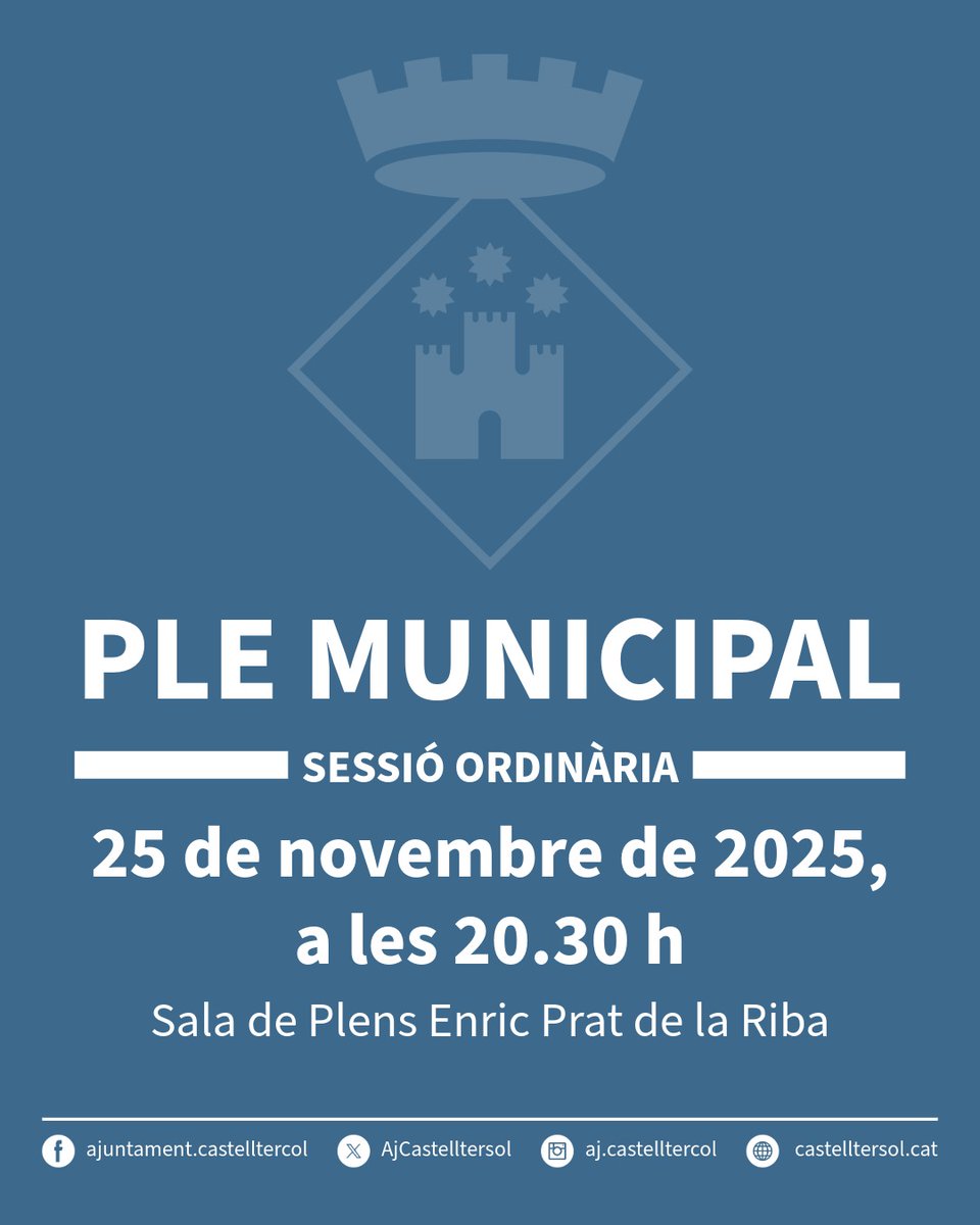 📢 Convocatòria de Ple en sessió ordinària
El Ple de l’Ajuntament de #Castellterçol tindrà lloc el dimarts 25 de novembre, a les 20.30 h, a la Sala de Sessions Enric Prat de la Riba.
ℹ️ Sessió oberta al públic. Consulteu l'ordre del dia al web municipal.