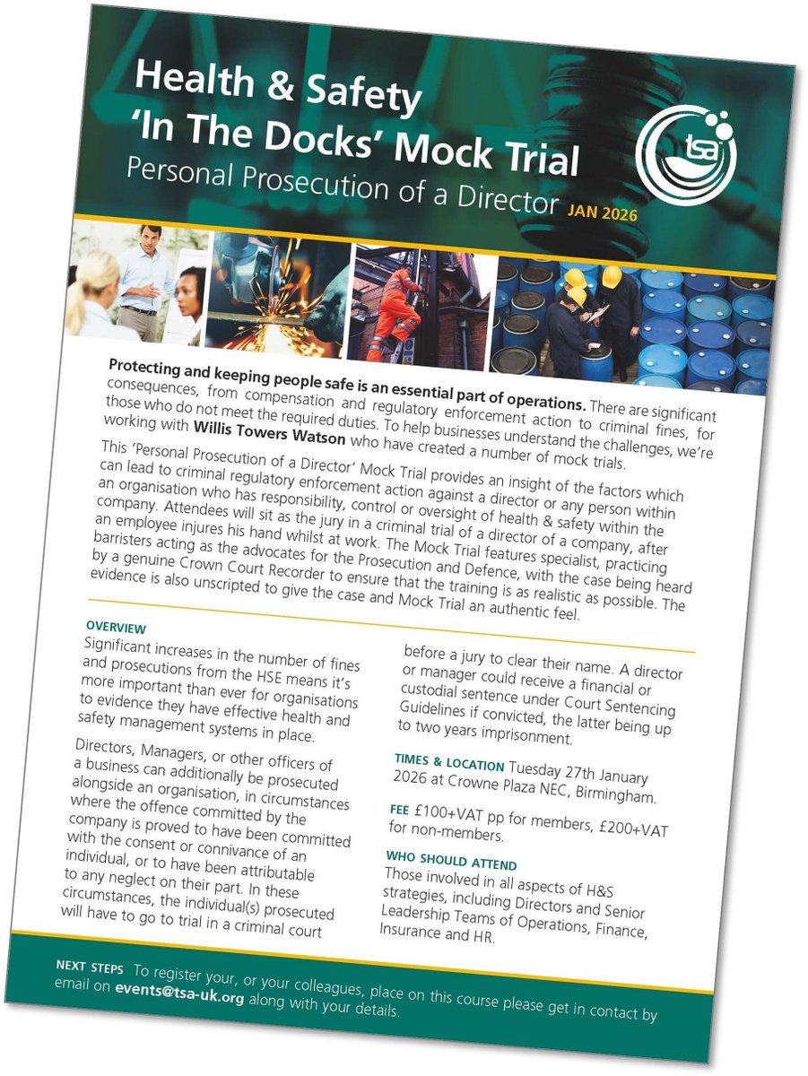 TextileServices's tweet image. In The Dock Mock Trial - 27 January 2026

This will focus on personal prosecution of a Director or any person within an organisation who has responsibility/control/oversight of health &amp;amp; safety: tsa-uk.org/tsa-training/ 

#textileservices #laundry #hospitality #workwear #healthcare