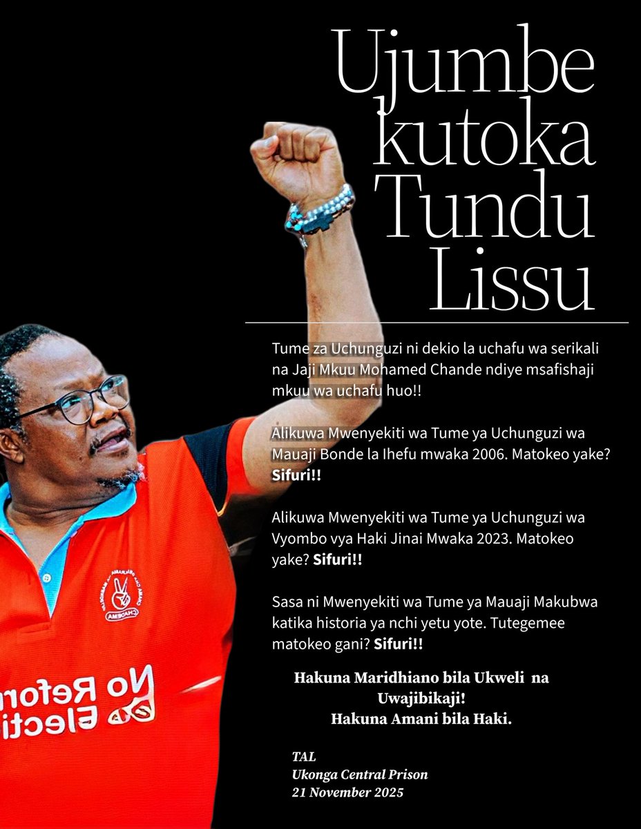MariaSTsehai's tweet image. ‼️🚨UJUMBE KUTOKA TUNDU LISSU‼️

“Tume za Uchunguzi ni dekio la uchafu wa serikali na Jaji Mkuu Mohamed Chande ndiye msafishaji mkuu wa uchafu huo!! 
Alikuwa Mwenyekiti wa Tume ya Uchunguzi wa Mauaji Bonde la Ihefu mwaka 2006. Matokeo yake? Sifuri!! 
Alikuwa Mwenyekiti wa Tume ya…