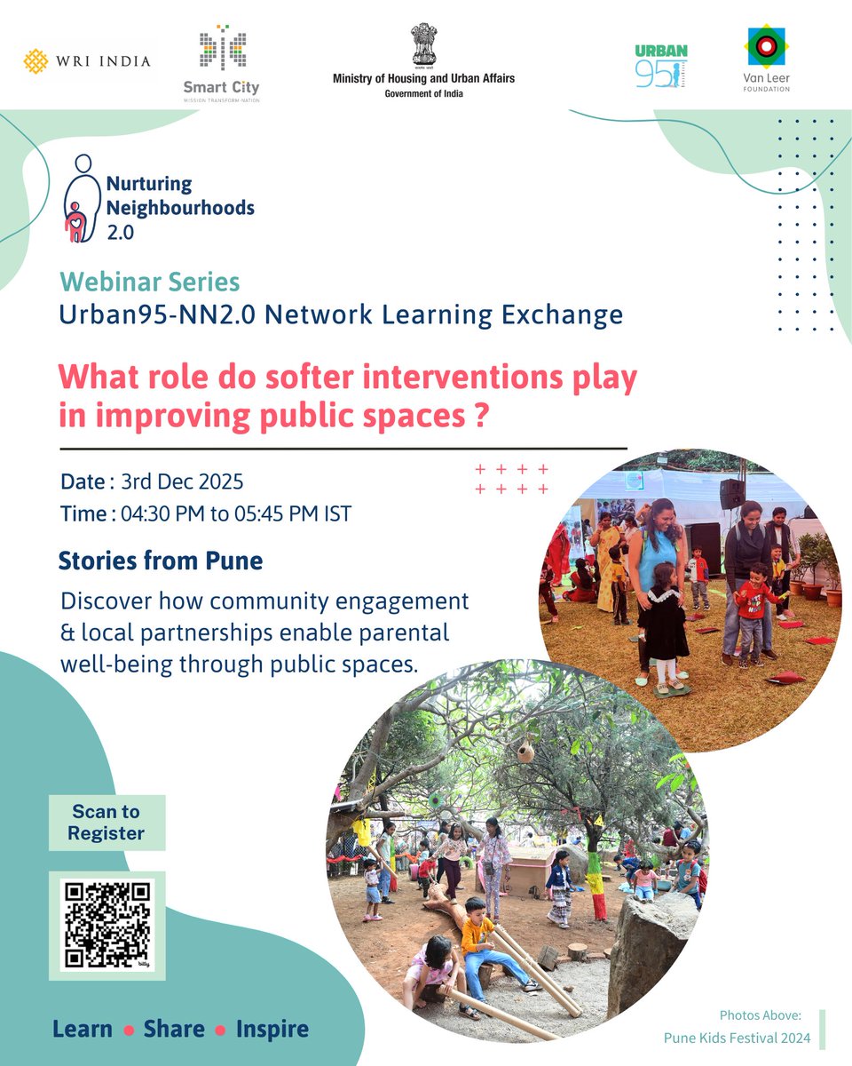 WRIIndia's tweet image. Join us for the second Urban 95 –#NurturingNeighbourhoods 2.0 Network Learning Exchange Webinar to explore how softer interventions can be critical in improving the quality of public spaces.
 
📅 3rd  Dec 🕓 4:30–5:30 PM IST 
🔗 Register: bit.ly/43Fjy3u  

#PublicSpaces