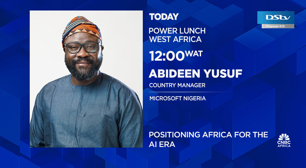 cnbcafrica's tweet photo. [WATCH] Today on #PLWA: Positioning Africa for the AI era. We're joined by Abideen Yusuf, Country Manager @MicrosoftNG, for more.

📺Tune in at 12h00 WAT on #DSTV410. https://t.co/187yqb9Hv3