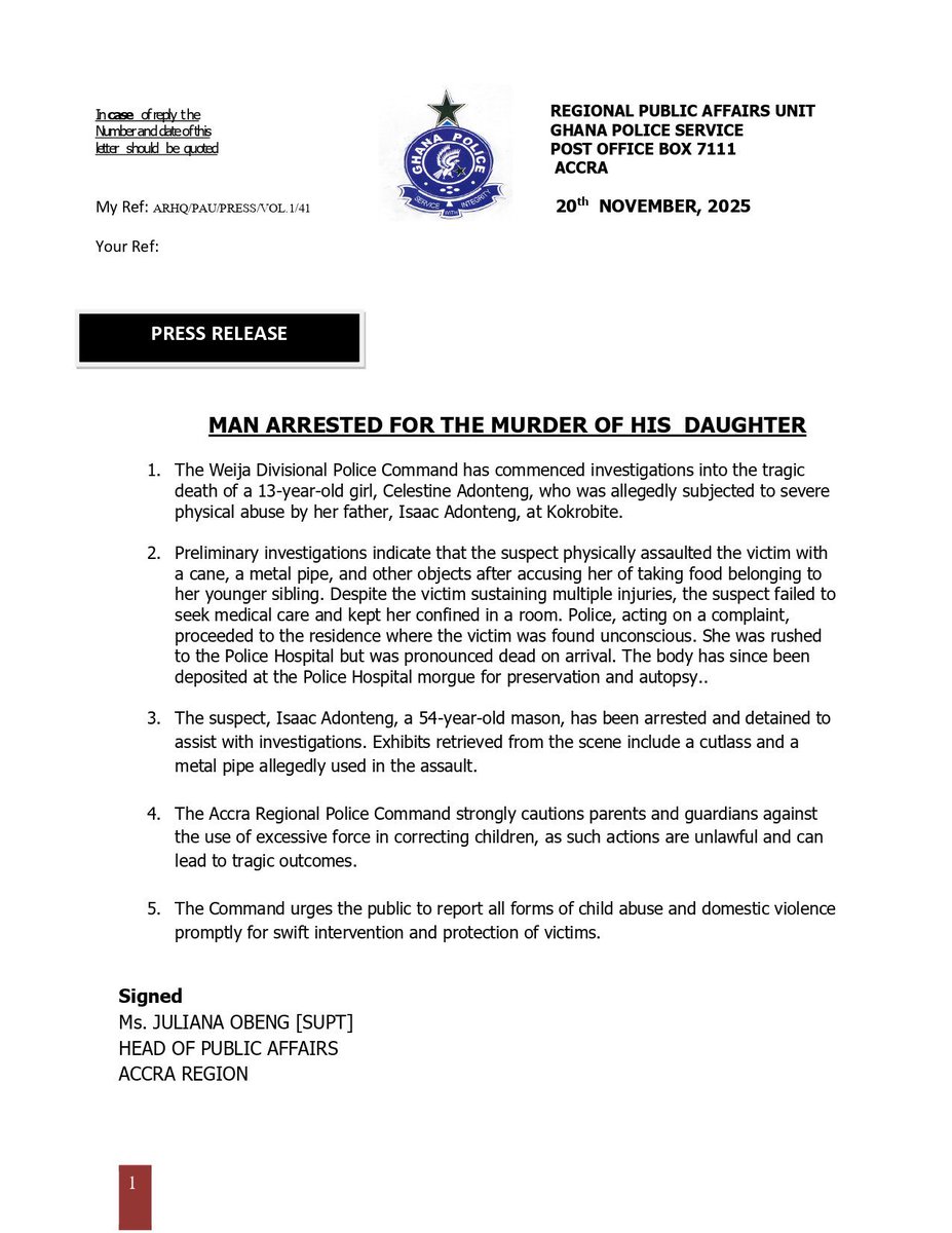 thebig111111's tweet image. Ghana Police arrested 54-year-old Isaac Adonteng after he allegedly beat his 13-year-old daughter Celestine to death with a cane and metal pipe at Kokrobite for taking her sibling’s food. He locked her in a room without medical help; she died before reaching hospital.