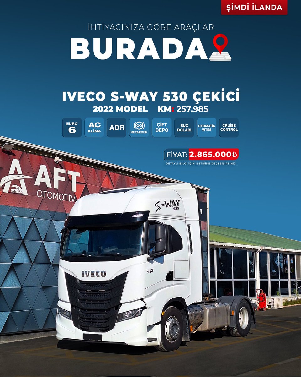 İhtiyacınıza göre araçlar burada 📍
𝗦𝗶𝗺𝗱𝗶 𝗶𝗹𝗮𝗻𝗱𝗮‼️
⚠️ARAÇLAR ADETLİDİR⚠️

"AĞIR ABİLER" ♠
Büyük düşünenlerin tercihi, Türkiye'nin lider ağır vasıta satış noktası.
📍AFT OTOMOTİV / ANKARA

Detaylı bilgi için 👇
💻 aft.com.tr
☎️ 0312 244 0 238 AFT OTOMOTİV