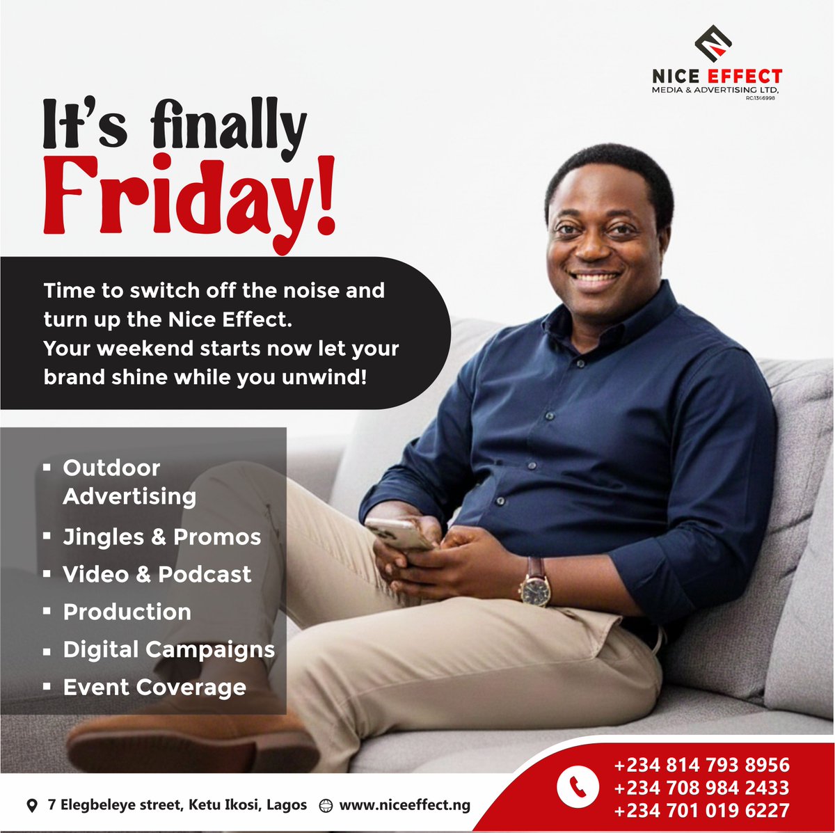 niceeffectmedia's tweet image. Friday energy: ON 🔥
Your rest mode is activated, but your brand visibility must stay ACTIVE.
Nice Effect has your ads, campaigns, jingles, videos &amp;amp; podcasts on lock.
Let’s keep your brand LOUD all weekend 🚀
WhatsApp: 0814 793 8956
#BrandVisibility #NiceEffect #FridayVibes