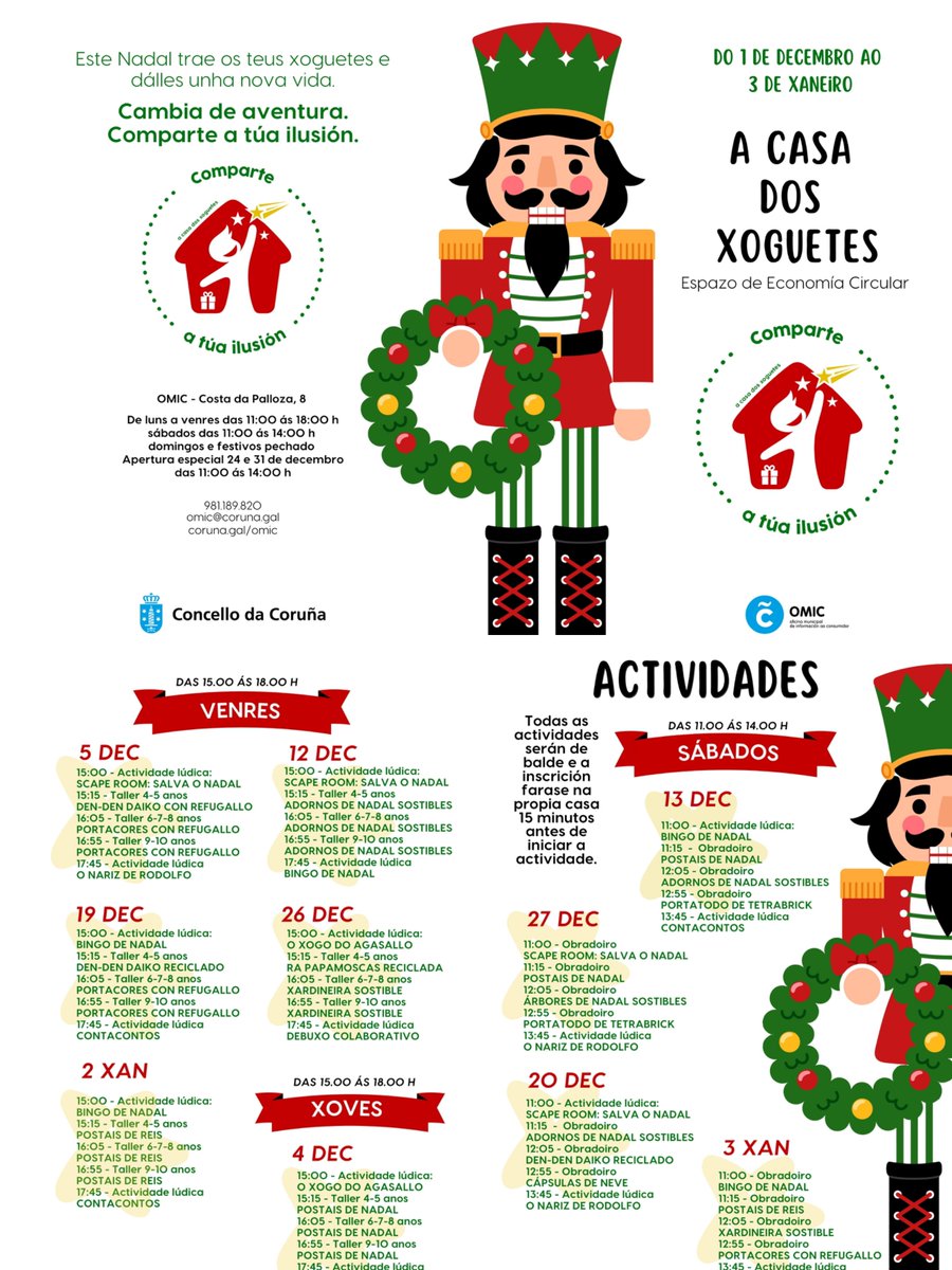 #Coruña | Do 1 decembro ao 3 xaneiro, a OMIC celebra a Casa dos Xoguetes na Costa da Palloza, 8. 🎅

As familias poderán doar xoguetes e cambiar por cupóns, e participar en obradoiros e actividades para nenos de 4-10 anos os venres e sábados.