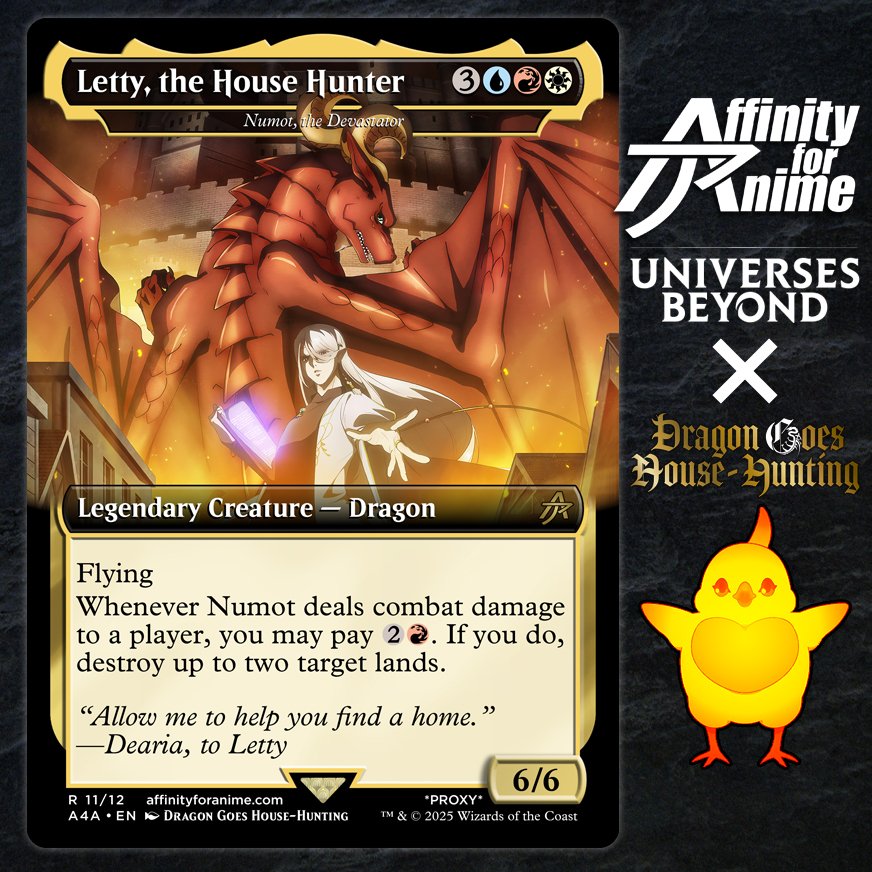 affinity4anime's tweet image. Have you watched the anime Dragon Goes House-Hunting? It&apos;s a cute little cozy anime about a gentle dragon trying to find a new home. Sometimes his clumsiness ends up breaking a few houses, so Numot destroying lands felt on-theme. #mtg #magicthegathering #proxy #EDH