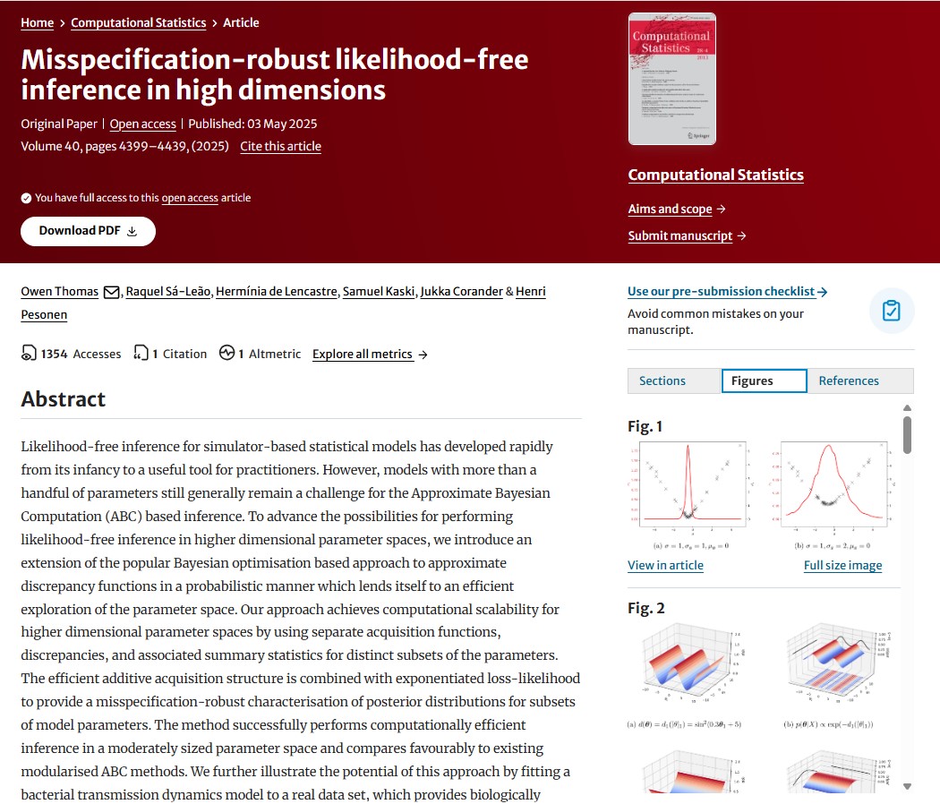 SpringerStats's tweet image. 🔓Misspecification-robust likelihood-free inference in high dimensions
#OpenAccess article by Owen Thomas, Raquel Sá-Leão, Hermínia de Lencastre, Samuel Kaski, Jukka Corander &amp;amp; Henri Pesonen
published in Computational Statistics
doi.org/10.1007/s00180…