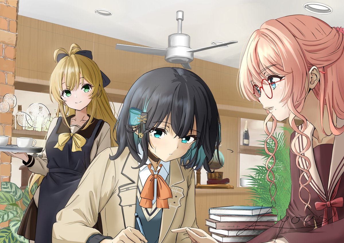 youskkkkk's tweet image. そらさんとマキちゃんに囲まれて、勉強に励むモカちゃん！