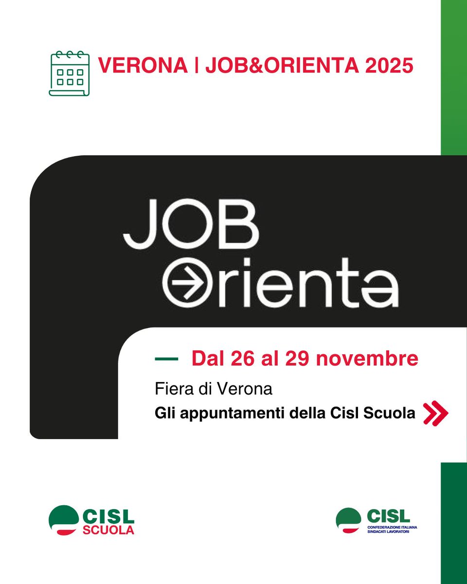 cislscuola's tweet image. La #CISLScuola partecipa anche quest'anno a
@Job_Orienta
, in programma dal 26 al 29 novembre alla #FieradiVerona.  Presente con un proprio "punto informativo" nello stand della

@CislNazionale
, la CISL Scuola è coinvolta più direttamente in alcuni degli eventi in #programma, in