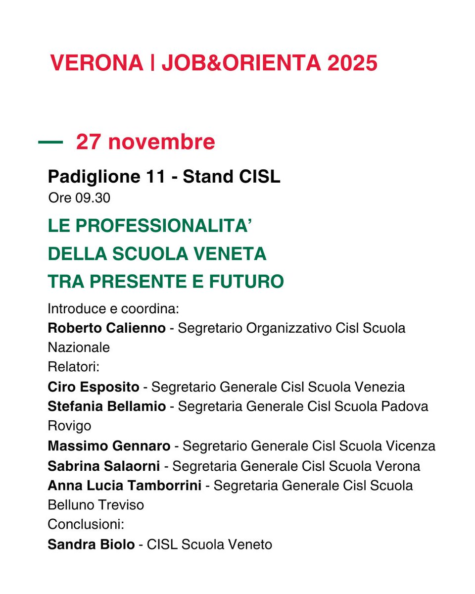 cislscuola's tweet image. La #CISLScuola partecipa anche quest'anno a
@Job_Orienta
, in programma dal 26 al 29 novembre alla #FieradiVerona.  Presente con un proprio "punto informativo" nello stand della

@CislNazionale
, la CISL Scuola è coinvolta più direttamente in alcuni degli eventi in #programma, in