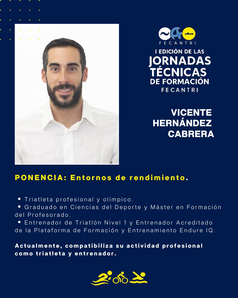 👉 El próximo  20 de diciembre🗣 VICENTE HERNÁNDEZ CABRERA será el encargado de la ponencia "ENTORNOS DE RENDIMIENTO". Un gran referente en el mundo del triatlón al que deseamos escuchar y aprender mucho de él.

fecantri.org/i-jornadas-tec…