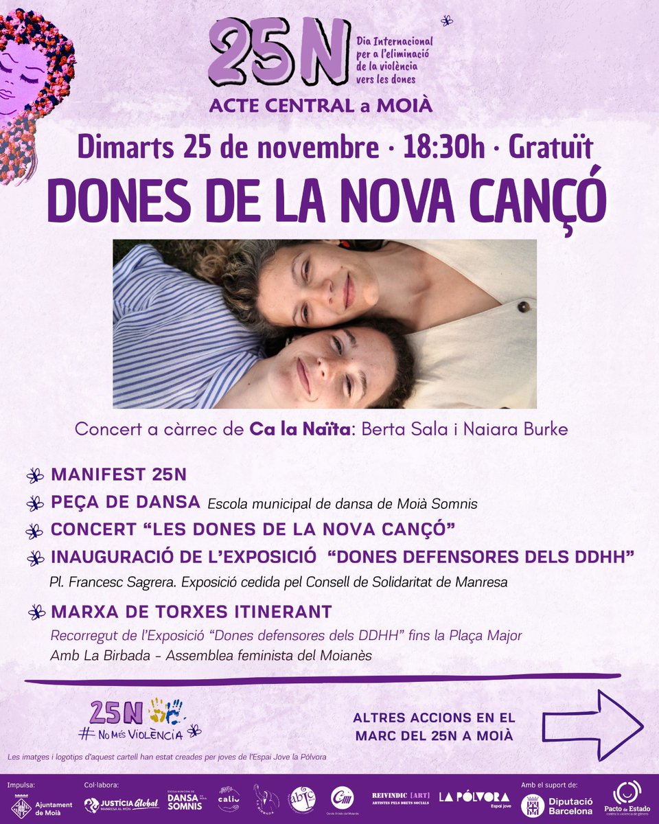 ✨25N a Moià: Dia contra la Violència vers les Dones✨

🎶 Concert Dones de la Nova Cançó amb <a href="/ca/">CΛ</a>.la.naita
📅 25/11 ⏰18:30
📍 Auditori Sant Josep &amp; Plaça F. Sagrera
🎟 Gratuït
Acte coordinat per @ajmoia amb col·laboració de diverses entitats 💜
#25N #25novembre #moia