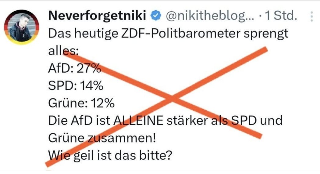 NikolausKotz's tweet image. Der Schmierenkomödiant #Nikischreibtkacki hat die CDU vergessen:  CDU 27%, also Gleichstand mit AfD wie schon häufiger❗
Wie geil ist das bitte ⁉️