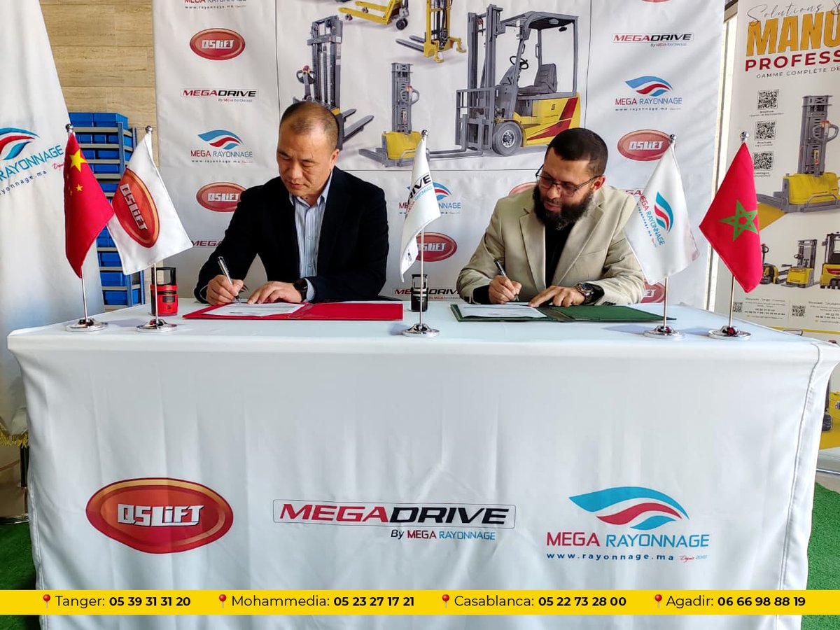 MegaRayonnage's tweet photo. Signature exclusive 🇲🇦 × 🇨🇳✅ 

MEGA RAYONNAGE × QS LIFT
Nous signons aujourd'hui la distribution exclusive de la gamme certifiée MEGADRIVE au Maroc !
🚀 Qualité ISO/CE • Prix imbattables • Service garanti

#MegaRayonnage #QSLIFT #MEGADRIVE #Exclusivité #ManutentionMaroc https://t.co/6W5Sn7SlFO