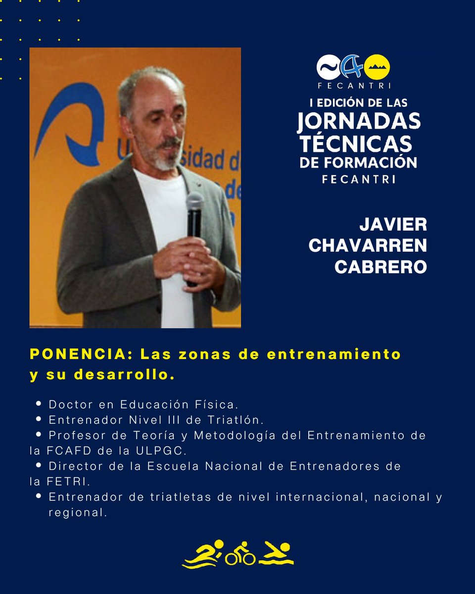 👉 El próximo  20 de diciembre🗣 JAVIER CHAVARREN CABRERO será el encargado de la ponencia "LAS ZONAS DE ENTRENAMIENTO Y SU DESARROLLO". Doctor en Educación Física entre otro gran palmarés curricular del que aprenderemos muchísimo.

fecantri.org/i-jornadas-tec…