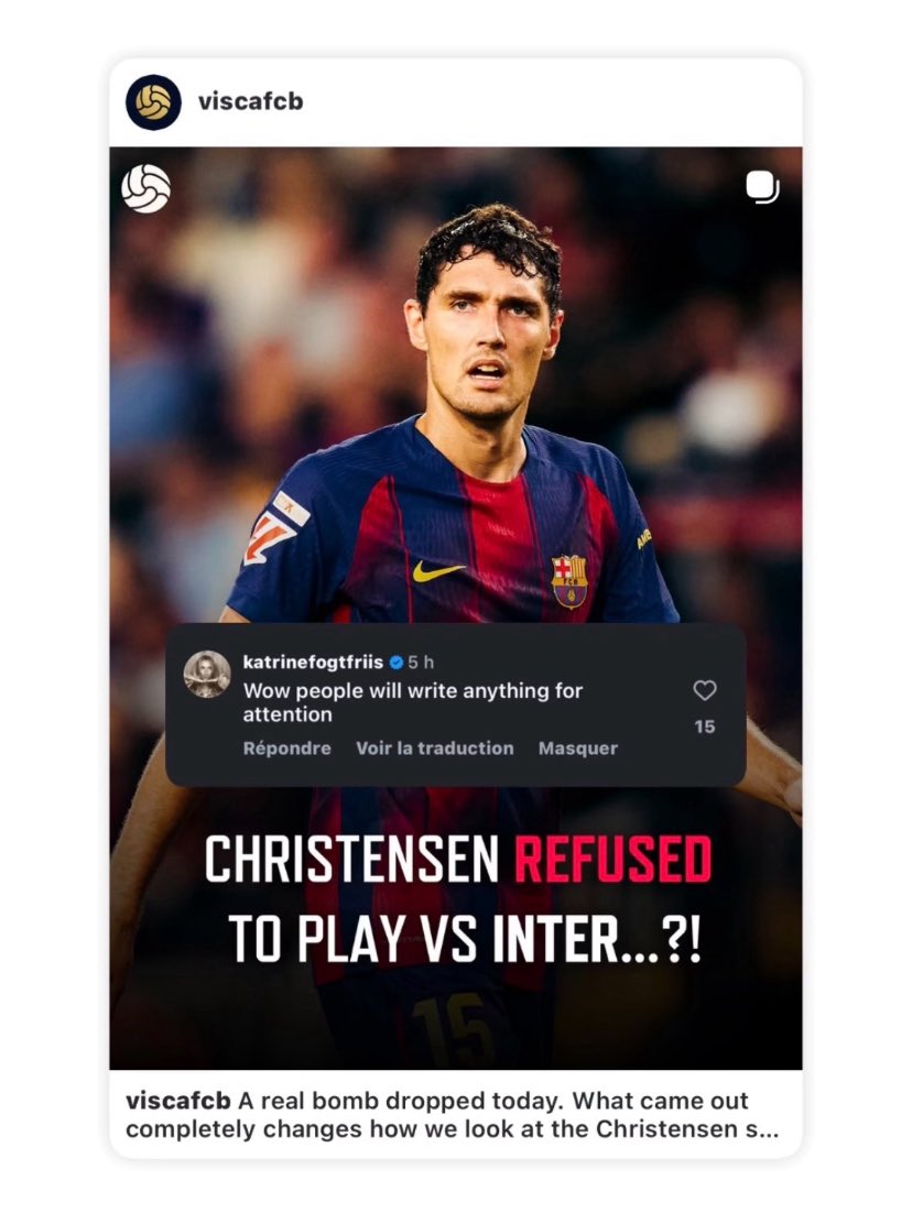 EdonitFCB's tweet image. 🚨📲 La femme de Christensen sous le post Insta de @_ViscaFCB : "Wow, les gens écriront n’importe quoi pour attirer l’attention." 👀