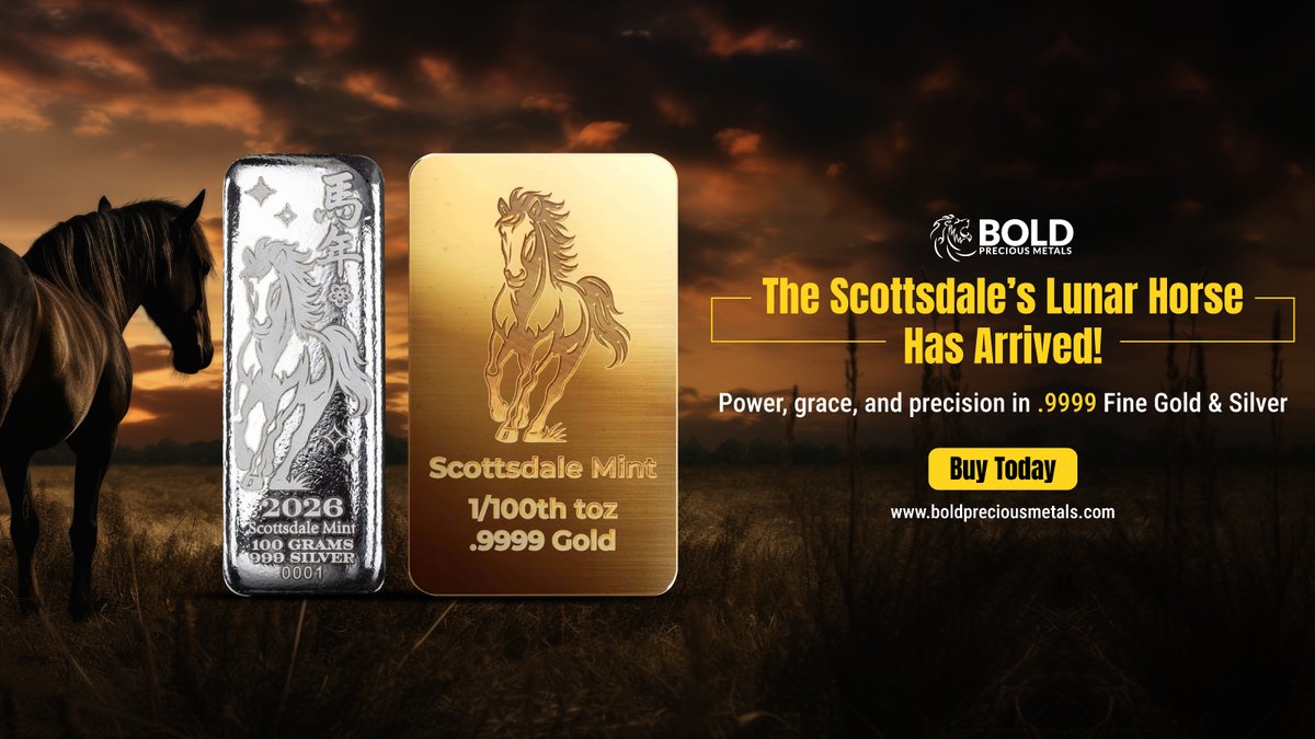 Bold_PM's tweet image. 🌕 Gallop into the Year of the Horse!

Discover Scottsdale Mint’s 2026 Lunar Horse in stunning .9999 Fine Gold &amp;amp; Silver — where artistry meets investment.

Buy yours today at
boldpreciousmetals.com/gold/scottsdal…

#BOLDPreciousMetals #LunarHorse #ScottsdaleMint #SilverStacking #GoldInvesting