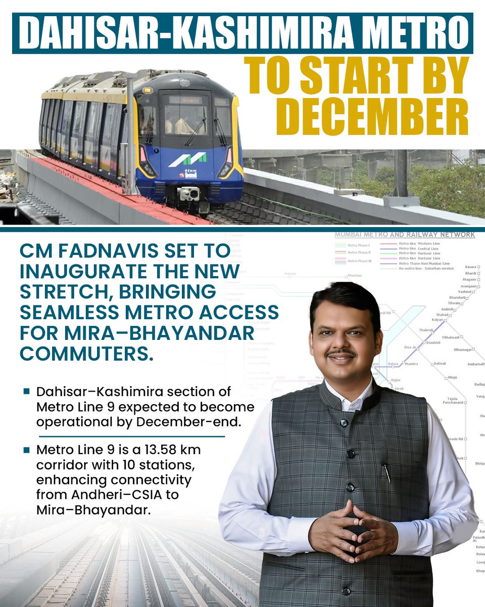 irajendrashukla's tweet image. Under CM Fadnavis’ visionary leadership, Mumbai’s metro network is expanding faster than ever. Dahisar–Kashimira stretch is another milestone in progress. Kudos to Deva Bhau. @Dev_Fadnavis