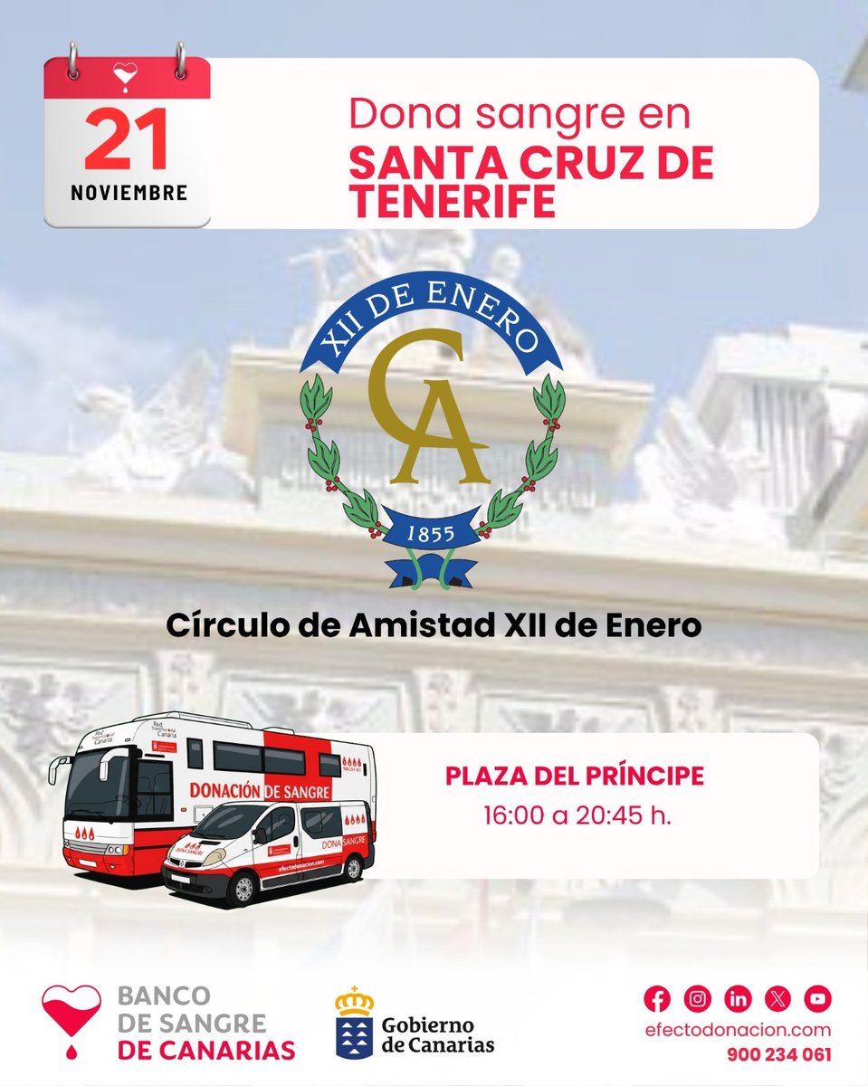 🩸 Recuerda que hoy viernes puedes donar sangre al lado del Círculo de Amistad XII de Enero, en Santa cruz

⏰ <a href="/ichhCanarias/">donarsangreCanarias</a>, tendrá su unidad móvil desde las 16:00 hasta las 20:45 horas 

¡¡¡Te esperamos!!!

🔗 efectodonacion.com | ☎️ 900 234 061