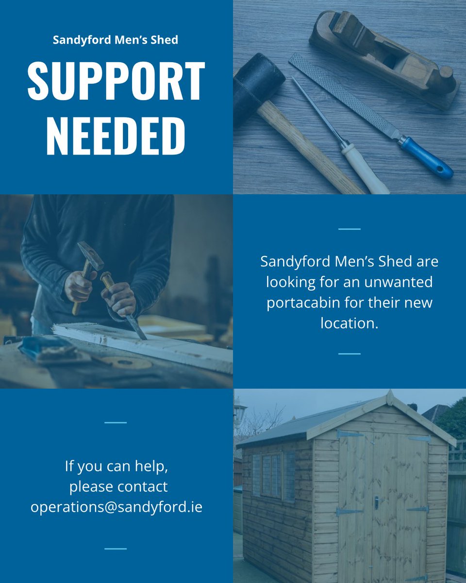 SandyfordBID's tweet image. Support Needed 🛠️

Sandyford Men’s Shed are looking for an unwanted portacabin for their new location.

Think you can help? Contact operations@sandyford.ie 📲

#SandyfordBusinessDistrict #MensSheds #SupportNeeded