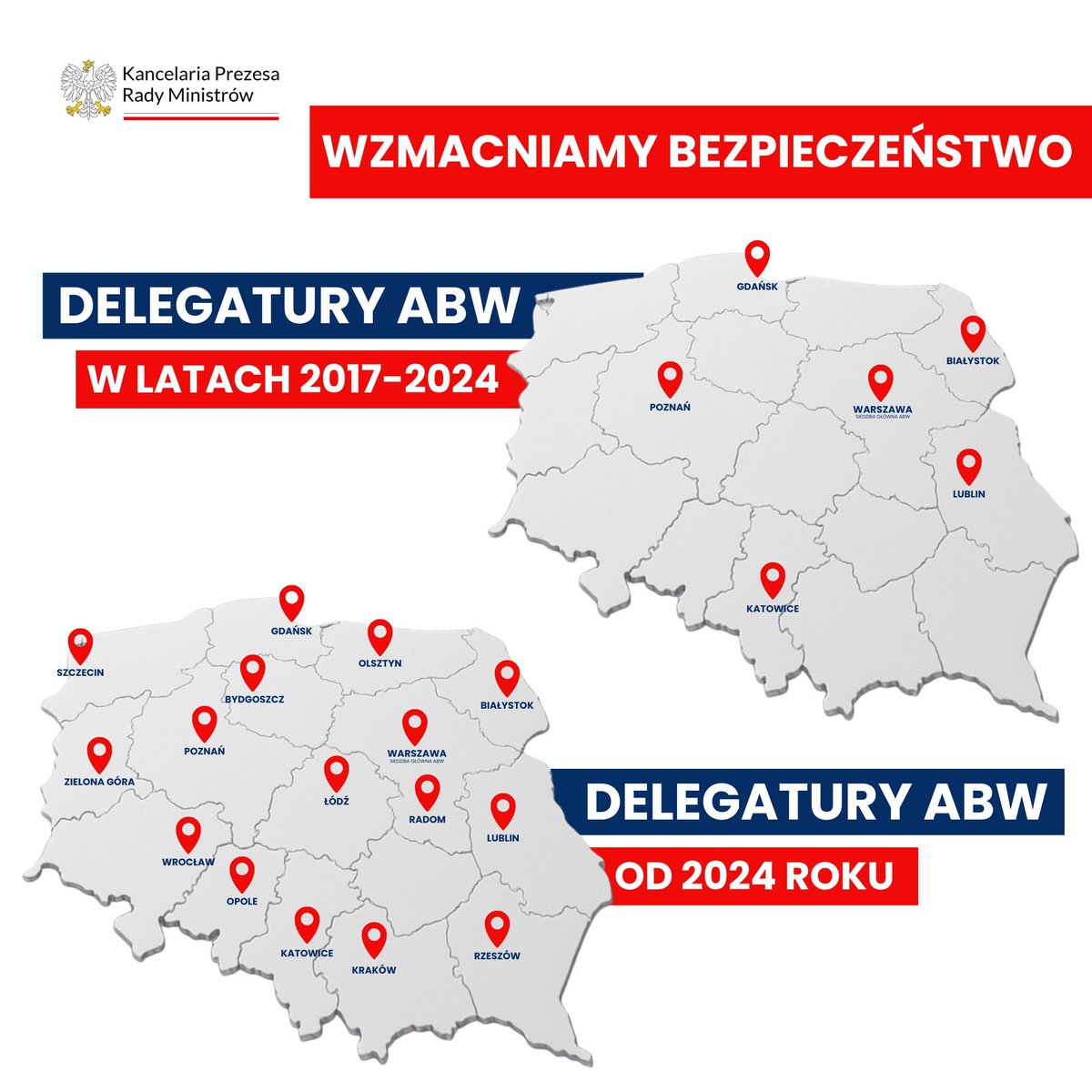 Rząd PiS w 2017 zlikwidował 10 z 16 delegatur terenowych ABW. Bezmyślnie i nieodpowiedzialnie w obliczu rosnących zagrożeń. Decyzją premiera <a href="/donaldtusk/">Donald Tusk</a> od 1 lipca 2024 delegatury zostały przywrócone do działania. #RobimyNieGadamy