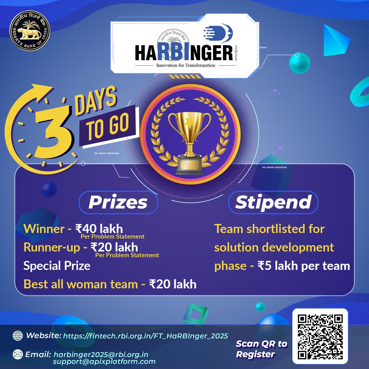 RBI's tweet image. Only 3 Days to go!

Submit your proposal before November 23, 2025 for Reserve Bank of India’s 4th Global Hackathon - HaRBInger 2025 at app.apixplatform.com/h1/harbinger20…

#harbinger2025  #rbihackathon #innovationfortransformation