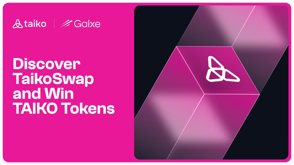 taikoxyz's tweet image. TaikoSwap is live! 🥁

To celebrate, we are running a Galxe Campaign. Complete simple off-chain tasks, learn about TaikoSwap and earn TAIKO tokens, all powered by @GalxeQuest.

Dive in: app.galxe.com/quest/taiko/GC…