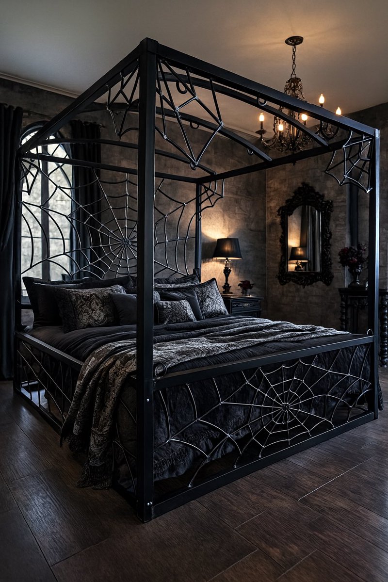 Metalbound's tweet image. Unleash the dark side of luxury.
This custom Metalbound canopy bed features hand-forged spider-web steelwork and a deep satin-black powder-coat finish. Built to last a lifetime and command any room.
Custom orders available at Metalbound.com.

#Metalbound #GothicDecor