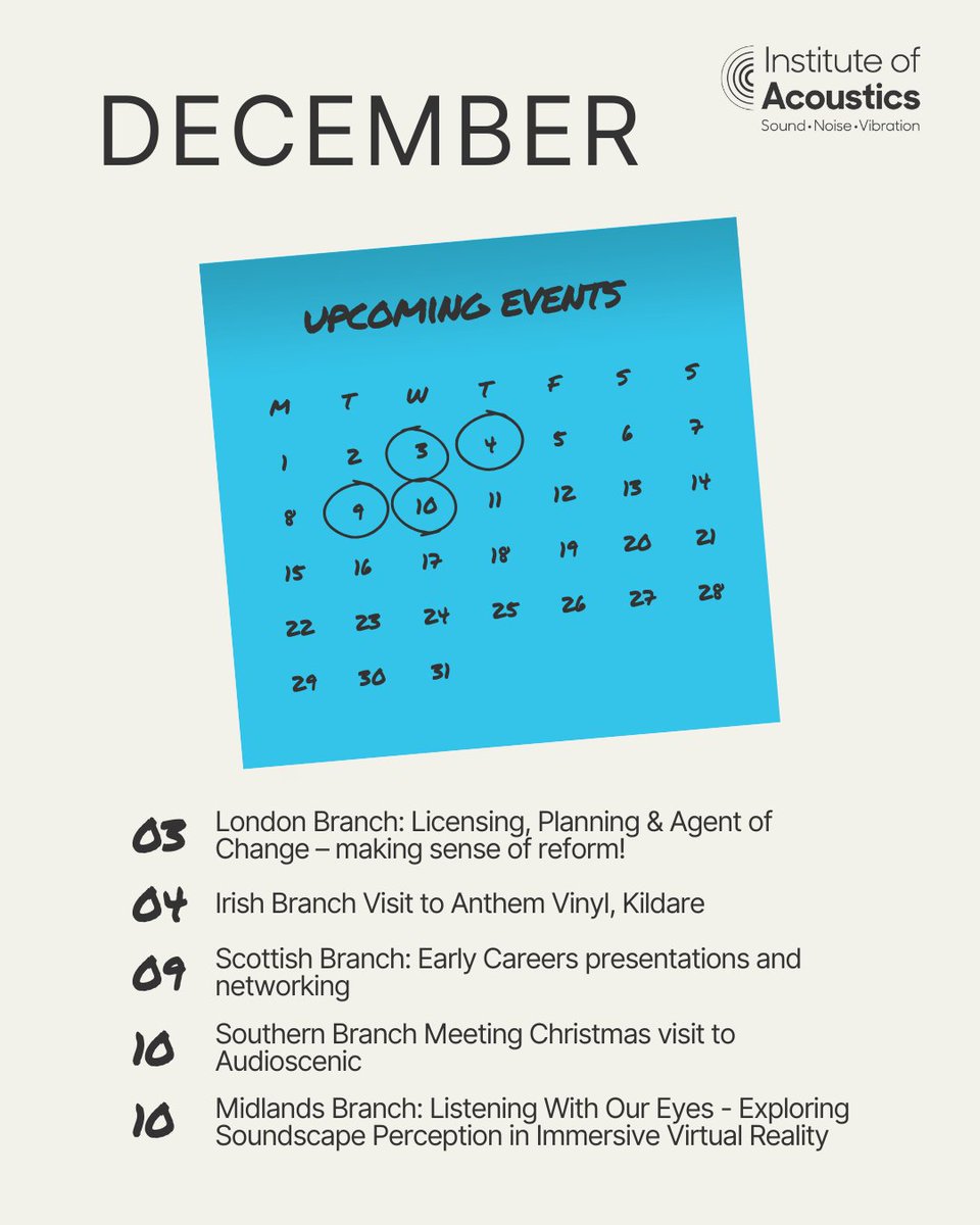 Here is an overview of our meetings and networking events scheduled for December. Please note that dates are subject to change and additional events may be added.

You can view all upcoming events by visiting the events page at ioa.org.uk

#IOAEvents #DecemberEvents