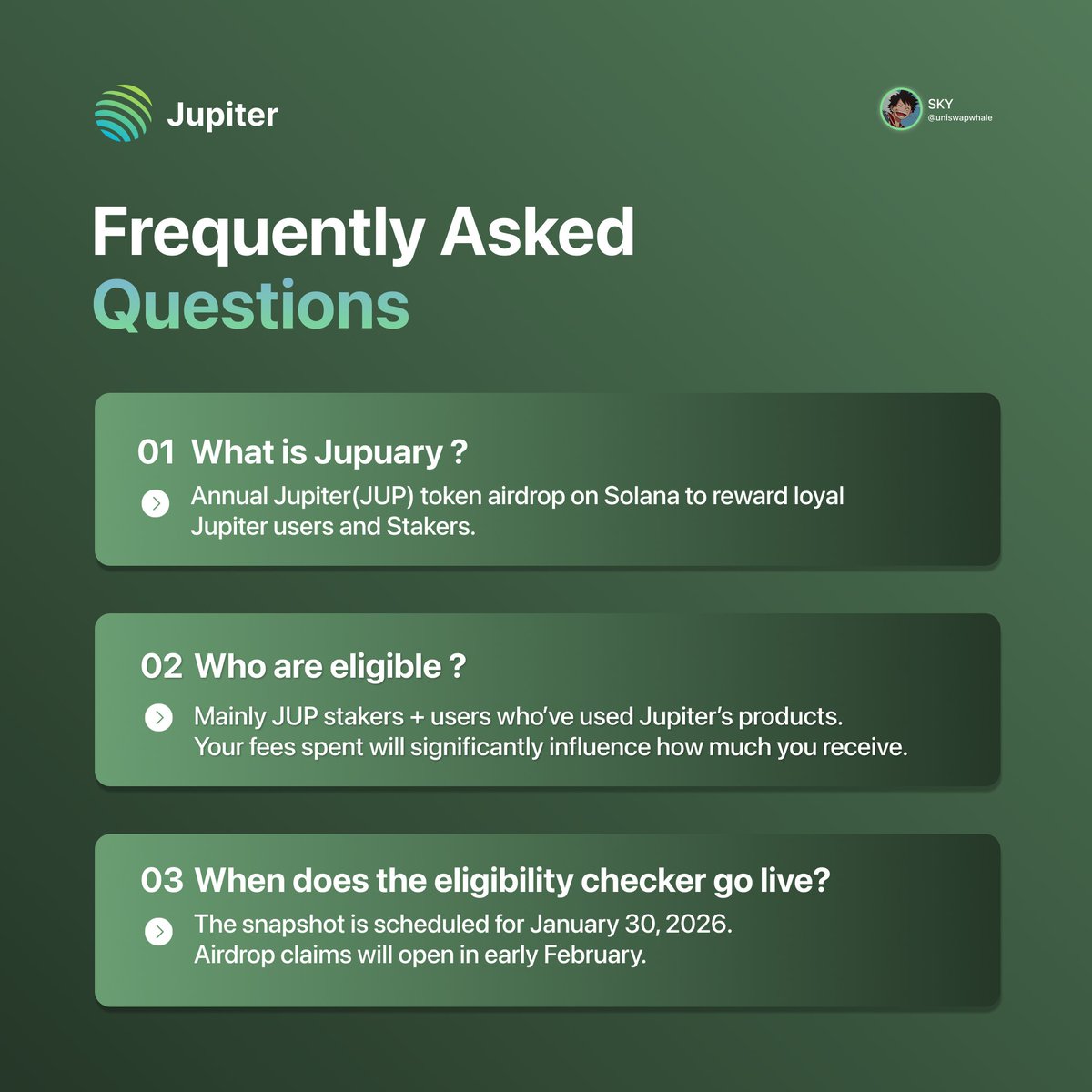 Got the Jupuary FAQs ready for everyone 💚

If you’re still confused about eligibility, snapshot, or who gets what this clears it up.

How prepared are you for the drop? 👀