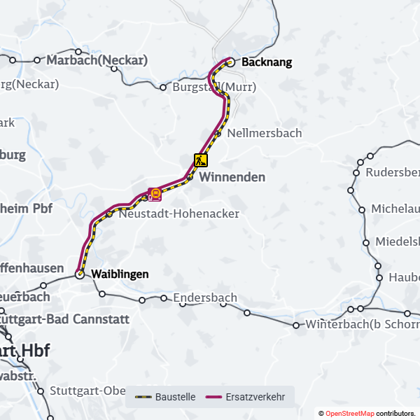 SBahn_Stuttgart's tweet photo. 🚧 #Drandenken
Vom 21. Nov. ca. 20:30 Uhr bis 1. Dez. ca. 1:30 Uhr führt die DB zwischen #Waiblingen und #Backnang, Bahnsteig- und Gleisbauarbeiten durch.
Es kommt zu baustellenbedingten Abweichungen bei der #S3.
Details, auch zum #Ersatzverkehr #S3E
👉https://t.co/zJL6ogfkCg https://t.co/hxj7qJpEsq