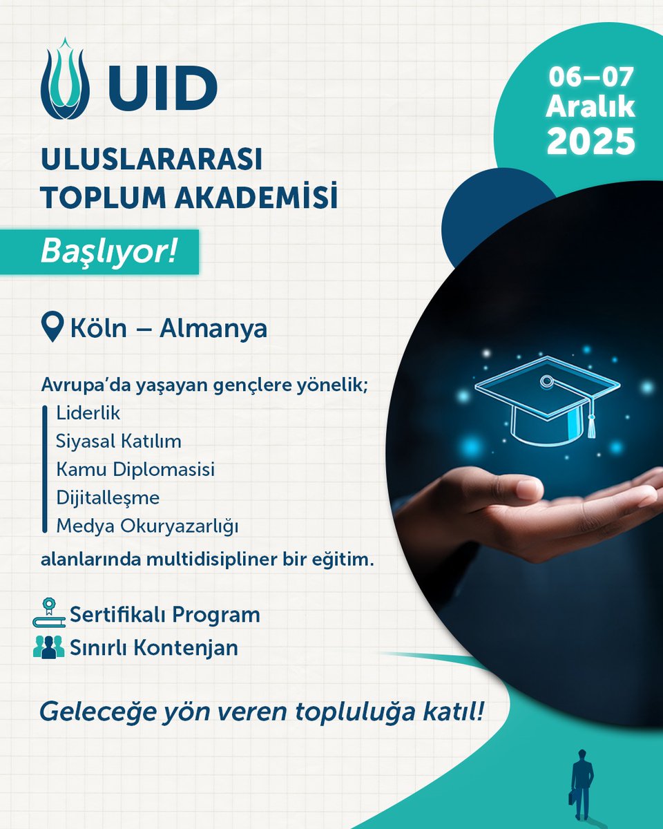 U_I_D's tweet image. 📍 Köln

Uluslararası Toplum Akademisi başlıyor…

Hayatının her alanında uygulayabileceğin bilgiler sunan, teoriyi eyleme dönüştürmeyi ve alanında donanımlı gençler yetiştirmeyi hedefleyen Uluslararası Toplum Akademisi bu yıl Köln’de başlıyor.

Seni;
✨ Seçkin dersler
✨…