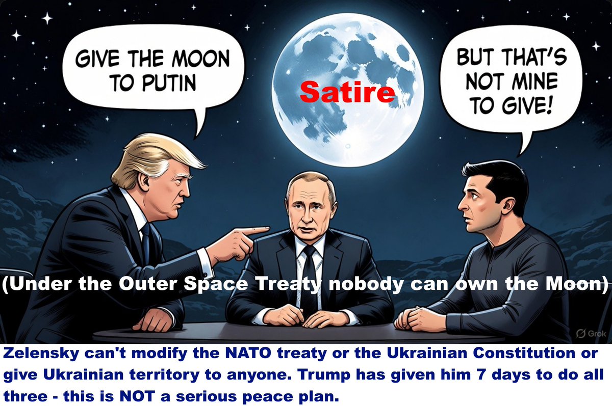 DoomsdayDebunks's tweet image. BLOG: Trump&apos;s 28 point peace plan for Ukraine is half-baked and impossible
— like asking Zelensky to give the Moon to Putin
— but may be opening offer before something more realistic
You can read it here:
robertinventor.substack.com/p/trumps-28-po…