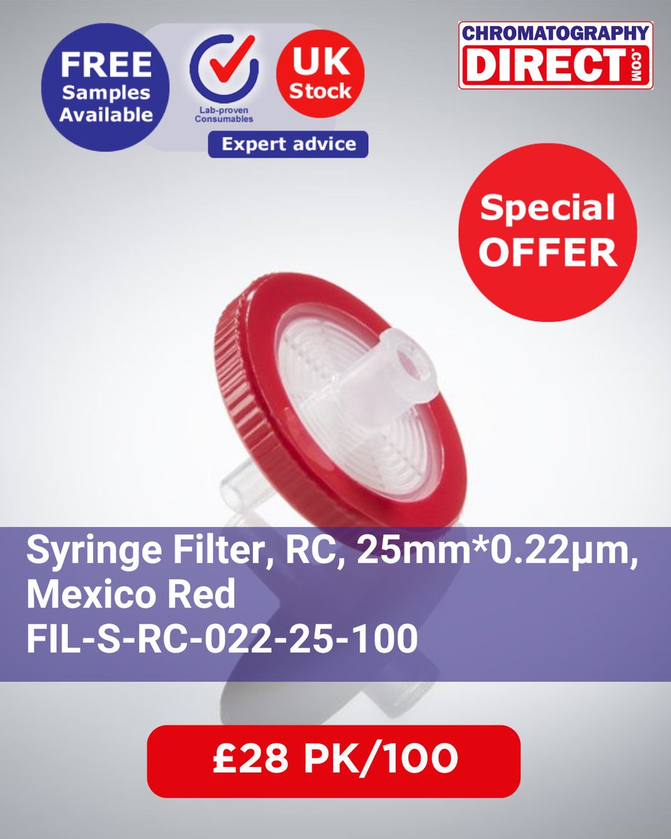 ChromDirect's tweet image. 25mm RC Syringe Filters (0.22µm, Mexico Red) just £28 PK/100! Next day UK delivery available. Order now: bit.ly/3Xwnu2P #Chromatography #Filtration #LabConsumables